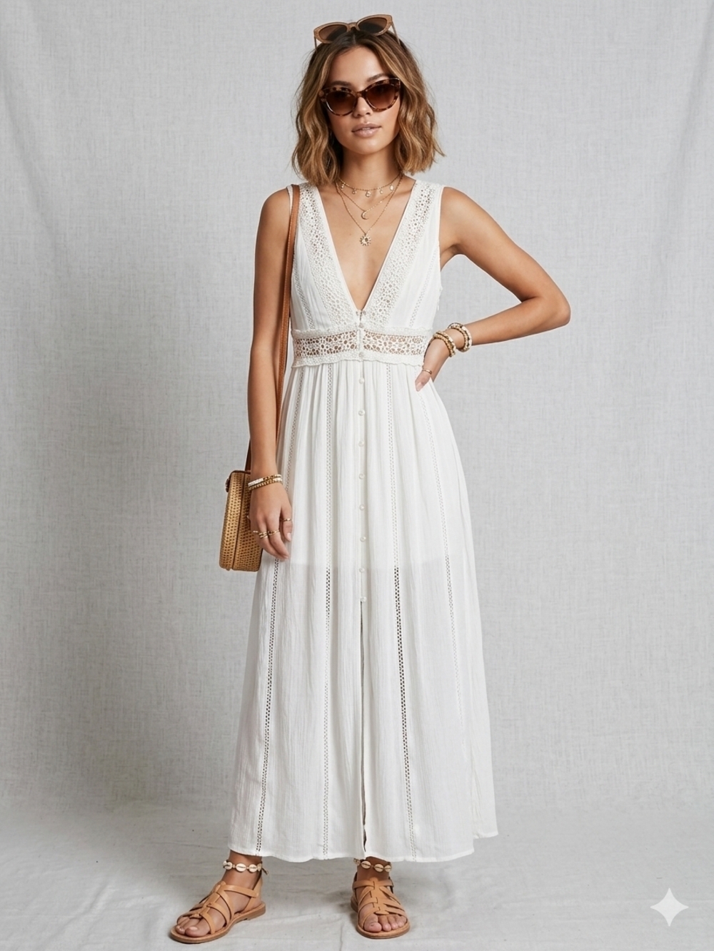 Boho V-Neck Off-White Crochet Maxi Dress Size S